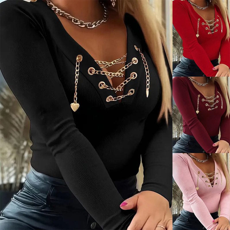 2026 Spring New Elegant Long Sleeve V-Neck Solid Color Heart Metal Chain Decorated Women's Spring Casual T-Shirt