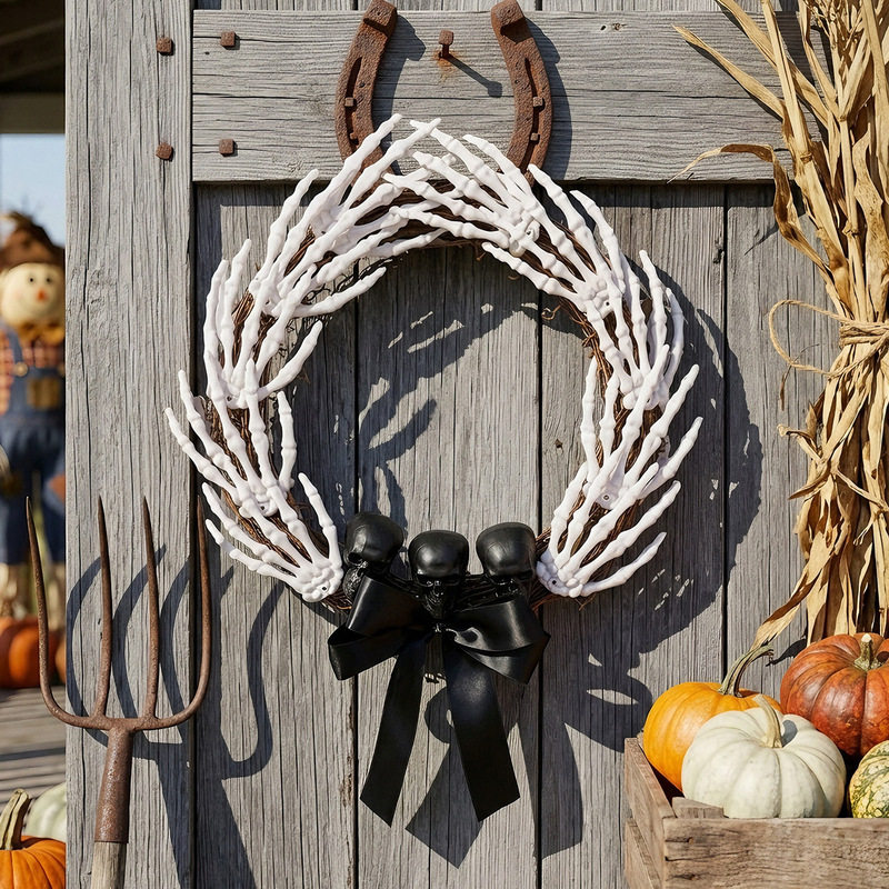 Cross-Border Halloween Skeleton Hand Bone Door Hanging Halloween Wreath Black Bow Ghost Hand Garden Decoration Scene Arrangement