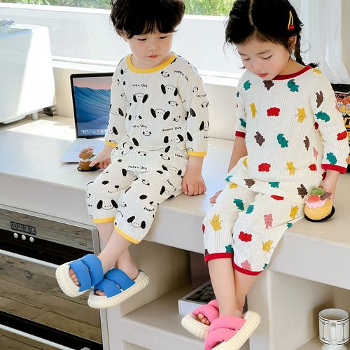 Children's pajamas summer boys and girls mid-sleeves mid-pants pure cotton breathing home clothes set ins baby air-conditioned clothes category A