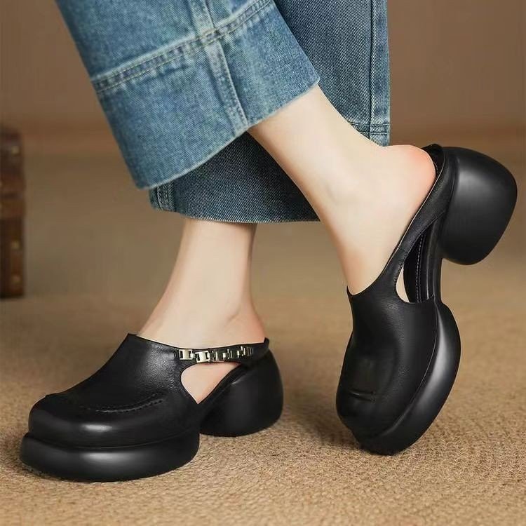 踩屎感皮面厚底包头半拖鞋女2025夏季新款粗跟高跟鞋外穿时尚凉拖