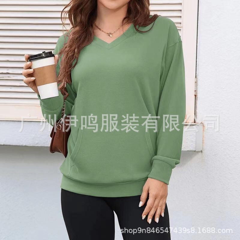 纯色V领宽松卫衣女秋冬新款长袖上衣大码休闲外套|undefined
