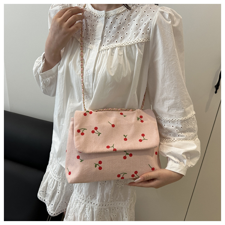 270g Weight Sewing Thread Fashion Element Magnetic Buckle Closure Type Single Shoulder Strap Strap Type Canvas Bag Bags Type Daily Occasion Canvas Material Cherry Pattern All Seasons Season Women's Gender Cute Style Square Shape Women's Canvas Cherry Cute Sewing Thread Square Magnetic Buckle Canvas Bag 6
