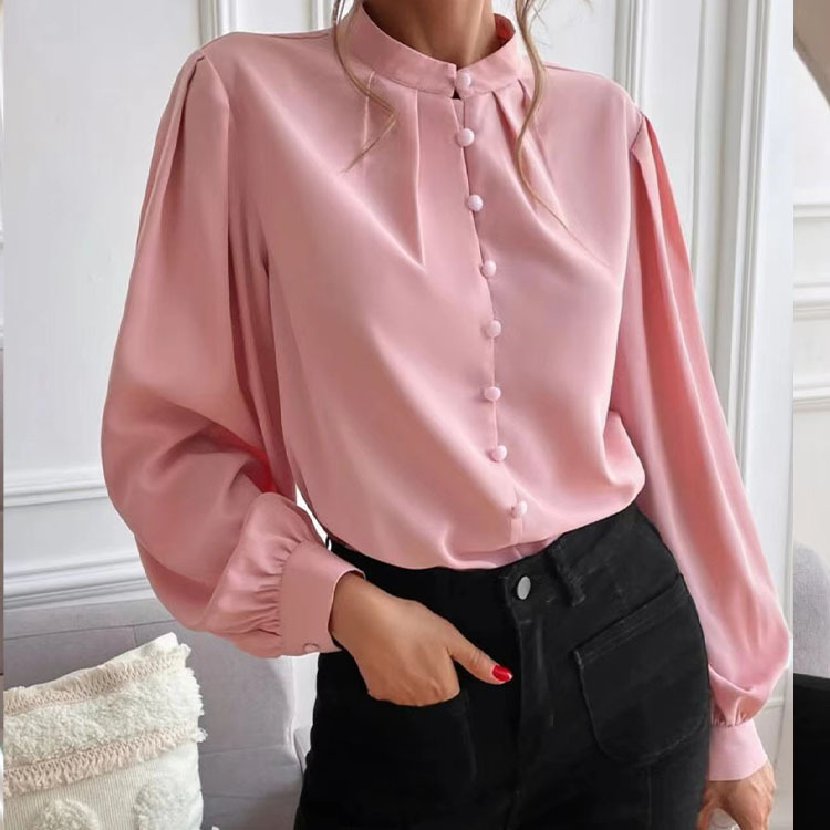 Spring 2025 European and American Export New Elegant Pure Color Lapel Long-Sleeved Single-Row Button Loose Women's Tops Shirt for Women