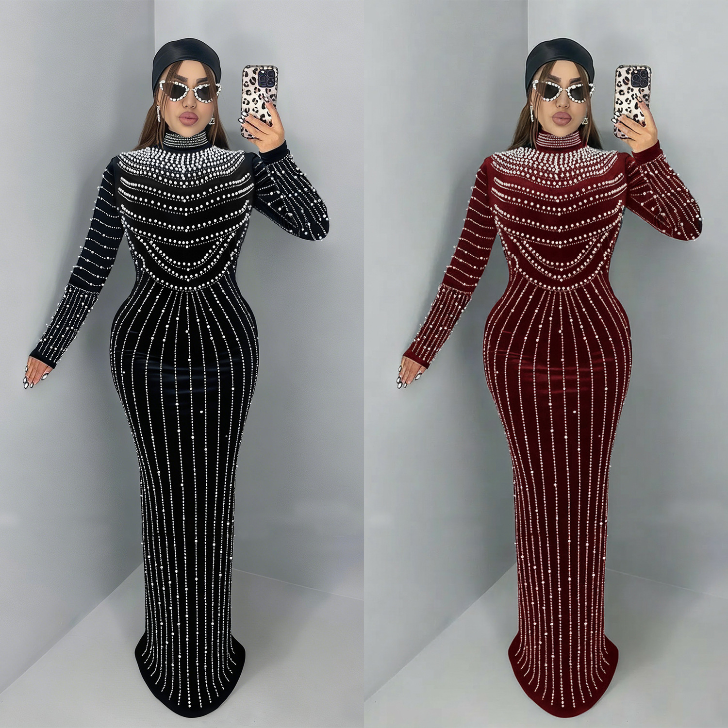 C7617 Aliexpress transfronterizo Amazon Europa y América de moda de mujer temperamento elegante de seda de diamante vestido de manga larga image 1