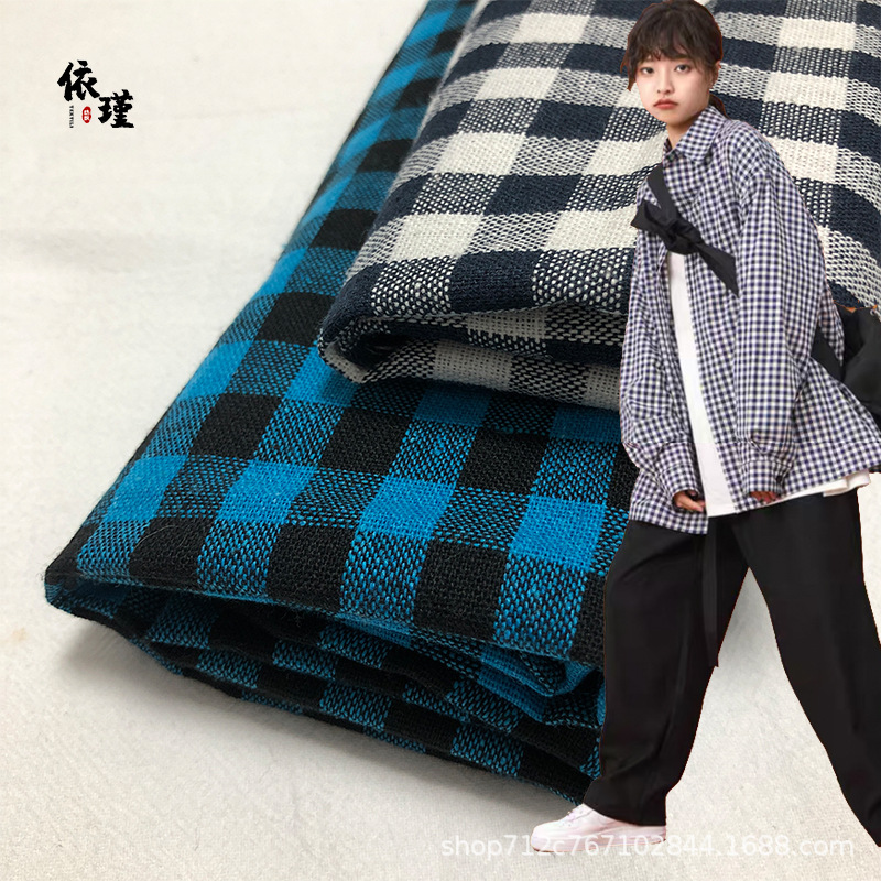 厂家供货涤棉平纹色织提花布几何图案女装连衣裙外套黑白格子面料