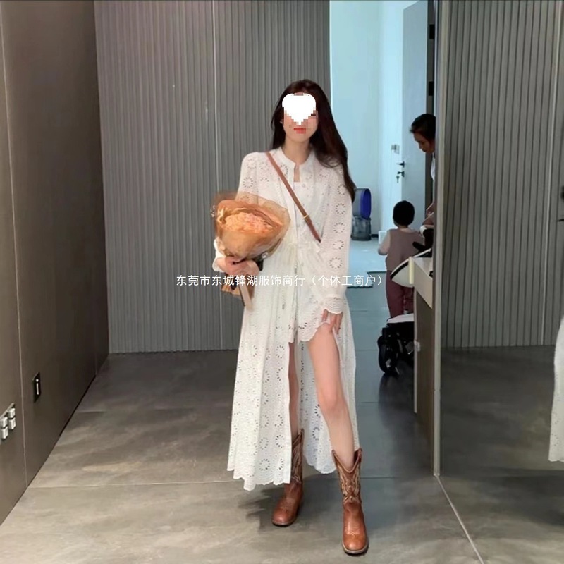 法式气质白色蕾丝裙显瘦连衣裙两件套中长款镂空网纱|undefined