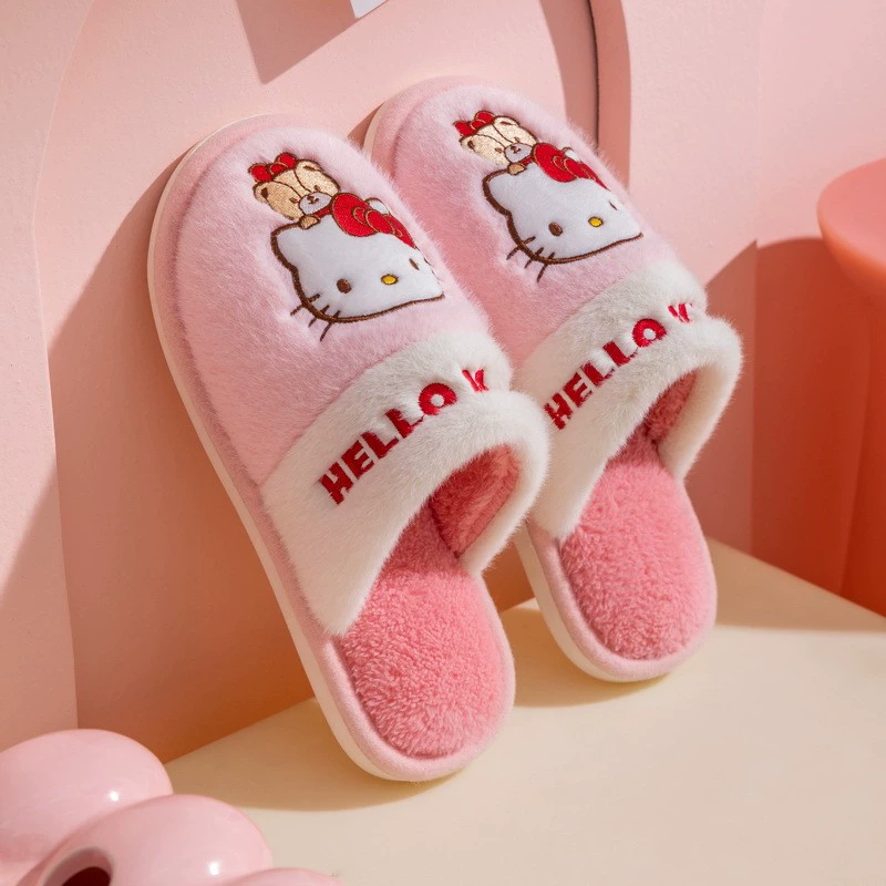 Хлопковые тапочки (Sanrio) 2024 родитель‑детский плюшевые домашние тапочки Kuromi & Hello Kitty, размеры 28–41