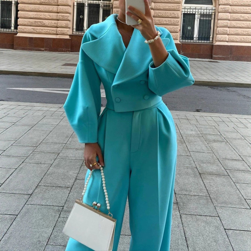 2025 European and American Cross-Border Autumn and Winter New Solid Color Lapel Woolen Tops Casual Pants Fashionable Elegant Commuter 2025 European and American Cross-Border Autumn and Winter New Solid Color Lapel Woolen Tops Casual Pants Fashionable Elegant Commuter