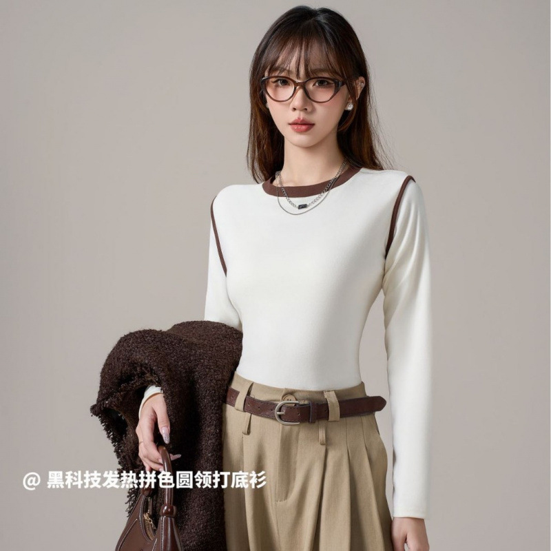 2025秋冬新款拼色圆领长袖磨毛打底衫女内搭外穿时髦亲肤软糯长袖|undefined