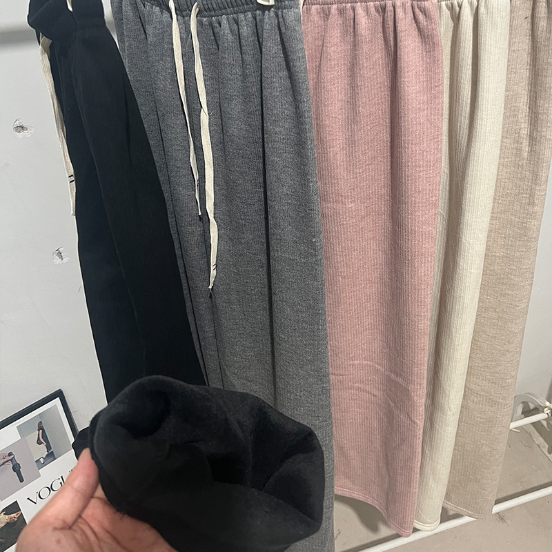 Pantalones de pierna ancha de Cachemira de arroz glutinoso para mujer otoño e invierno con forro polar grueso cintura alta adelgazante drapeado Pantalones rectos Casuales image 3