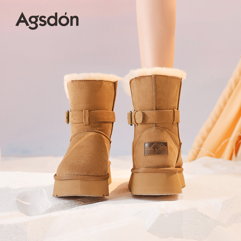 Botas de nieve de fondo grueso para mujeres 2025 nuevas botas de invierno de lana gruesa dobladas dos botas de algodón de lana