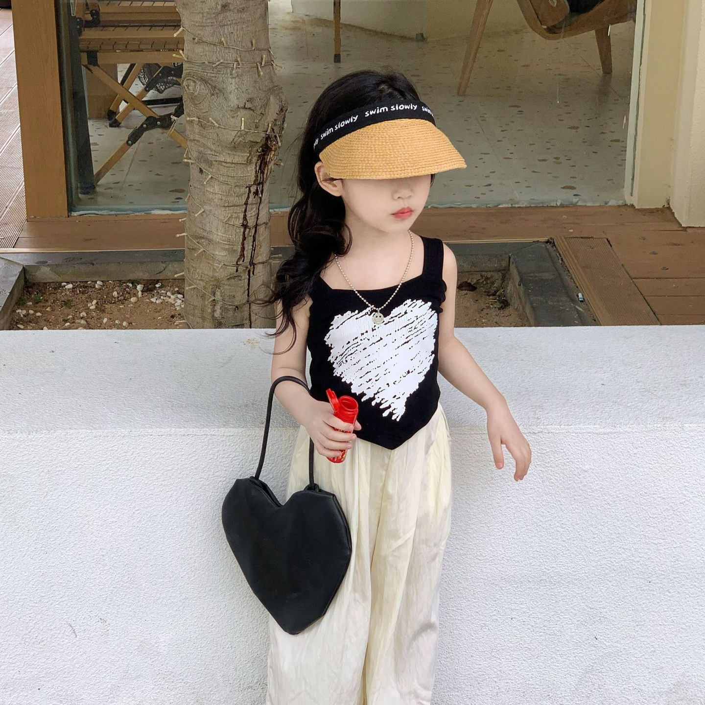 Women's Strap 2024 Summer New Korean Version Irregular Heart Short-Sleeve Top Backless Tank Top Color Blocking Versatile Basic Style