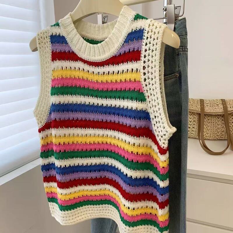 Dopamine Contrast Color Rainbow Stripe Knitted Vest Women's Outer Wear Age-reducing All-match Hollow-out Crewneck Sleeveless Top