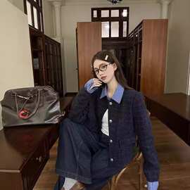 韩系假两件拼接翻领小香风外套女秋季新款宽松休闲短款夹克上衣潮