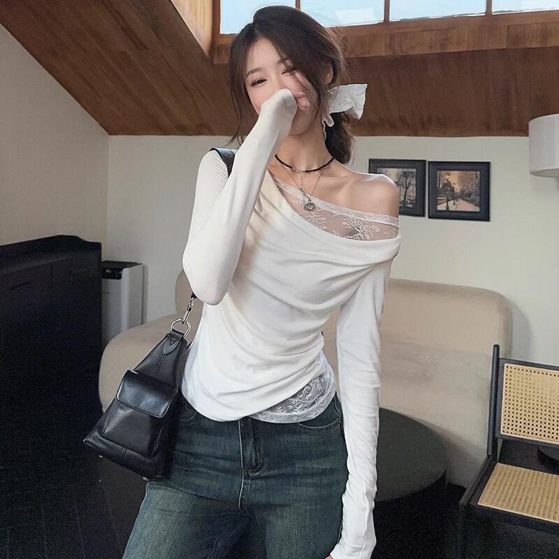 Pure Desire Style Lace Stitching Slant Shoulder Long-sleeved T-shirt Women's 2024 Autumn New Korean Fashion Slim-fit Slim Top
