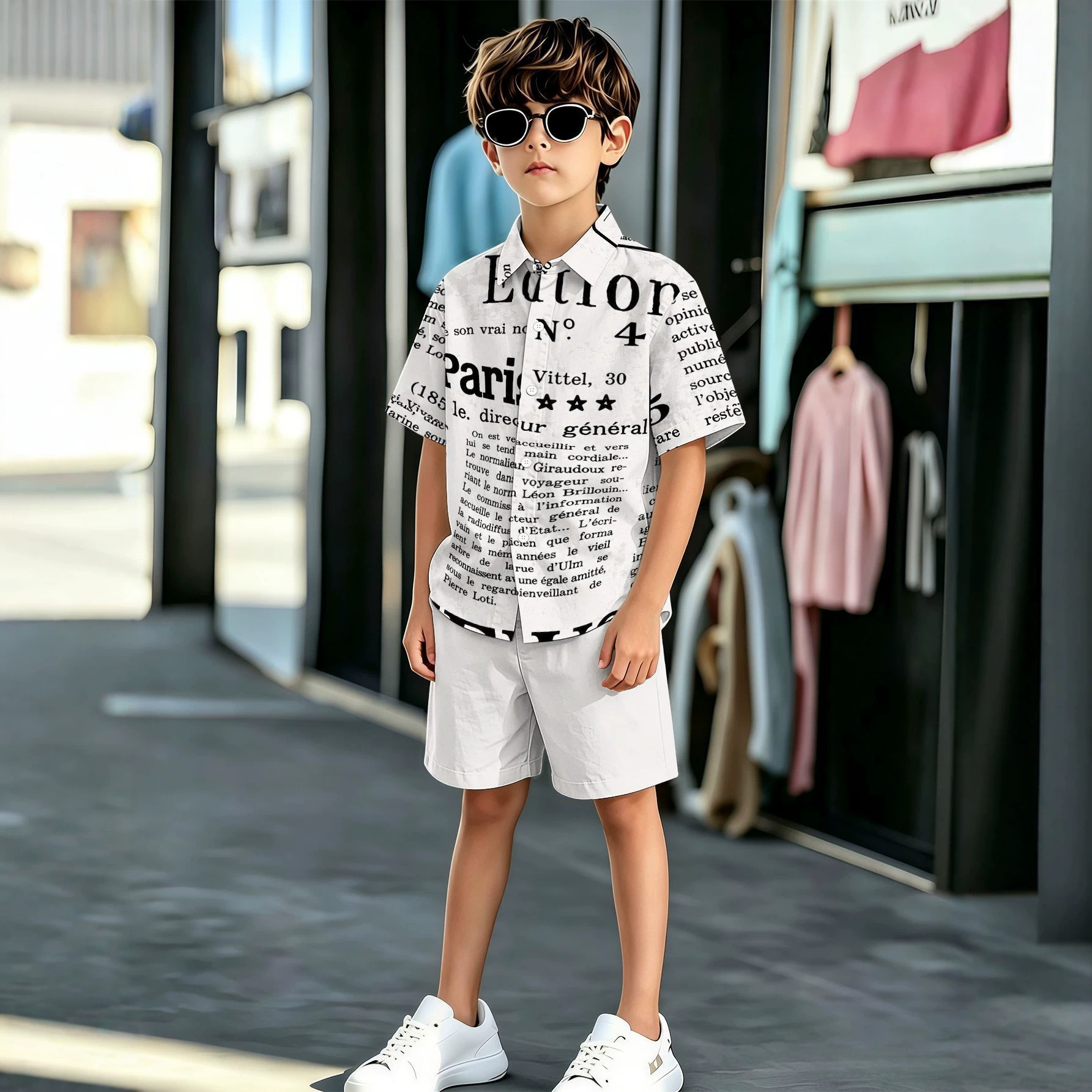 New Product: Stylish Cool Patterns, 3D Printing Technology, Boys' Collared Shirt And Shorts Set,_voghion.com