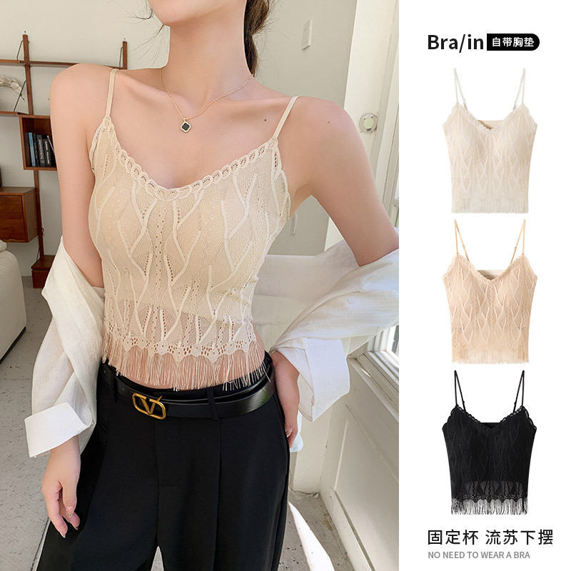 H189 Strict Selection Lace Tassel Small Camisole Women's Summer Underwear Short Base Vest with Chest Pad H189 Strict Selection Lace Tassel Small Camisole Women's Summer Underwear Short Base Vest with Chest Pad
