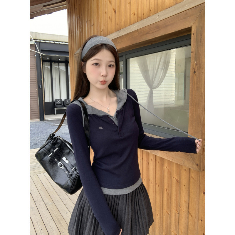 Discount European Plus-Size American Retro Color-Blocking Hooded Long-Sleeve T-Shirt Slim Fit Versatile Top