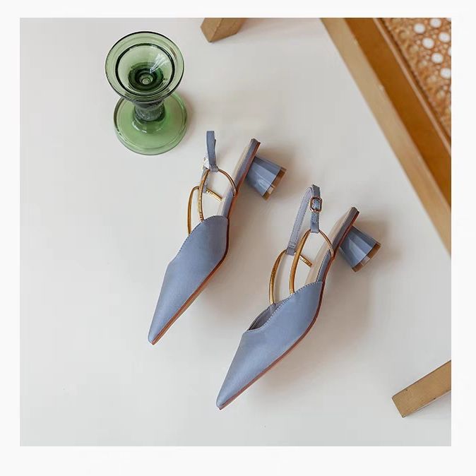 French satin temperament single shoes low heel toe sandals 2024 spring and summer new style medium high heels pointed toe single shoes_voghion.com