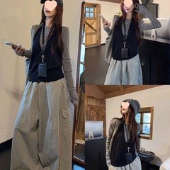 套装女2025秋季新款韩系复古显瘦叠穿长袖挂脖开衫高腰休闲工装裤