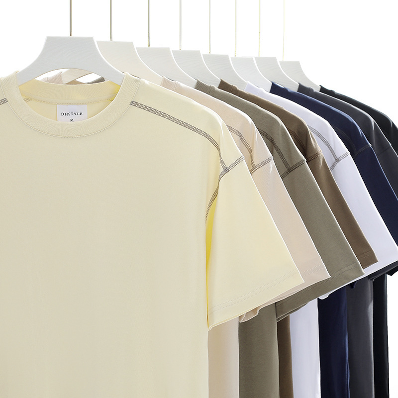厚手の250g純綿デザイン半袖Tシャツ、男性用、夏用、日本製無地、オープンステッチライン、ルーズトップ、男性用半袖Tシャツ|undefined
