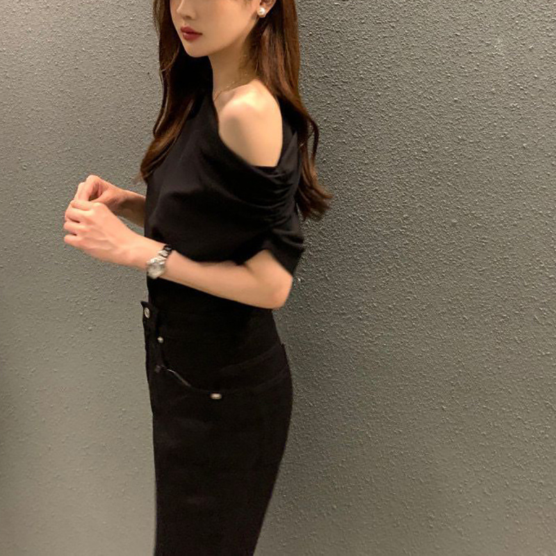 Summer New Niche Irregular Slanted Shoulder Design Loose Solid Color Pullover Short-sleeved T-shirt_ecoleips.com