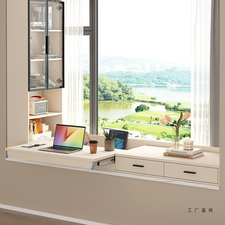 飘窗一体书柜储物柜中古风飘窗书桌可伸缩电脑桌阳台桌窗台柜7L42