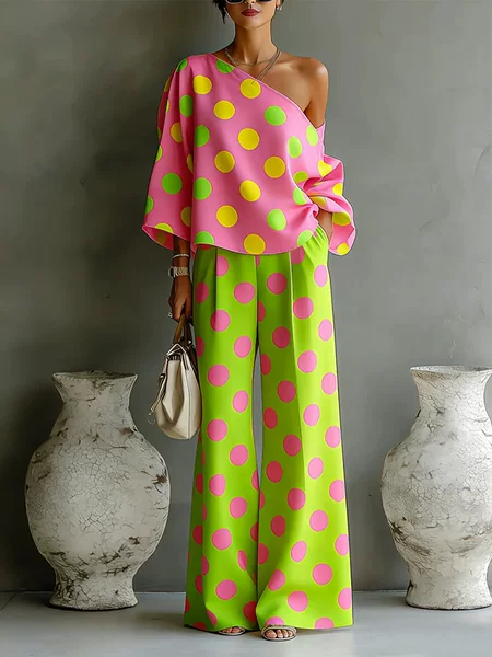 2026 European and American Cross-Border Summer Amazon New Independent Brand Colorful Polka Dot Off-Shoulder Flowy Two-Piece Pants Set for Women