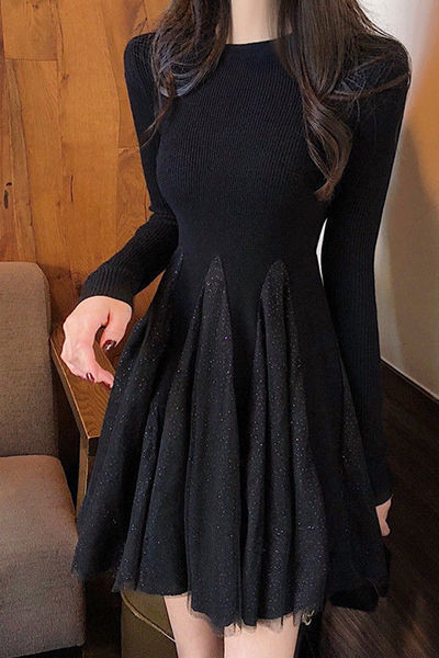 春秋外穿温柔垂感仙女内搭气质拼接网纱连衣裙弹力打底长袖A字裙