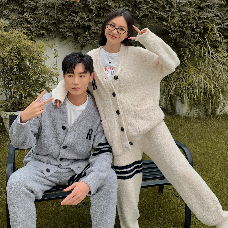 여성용 가을 겨울 하프 벨벳 커플 잠옷, 벨벳과 두꺼운 R 자형 가디건, 남성용 고급스럽고 편안한 플러시 홈 의류