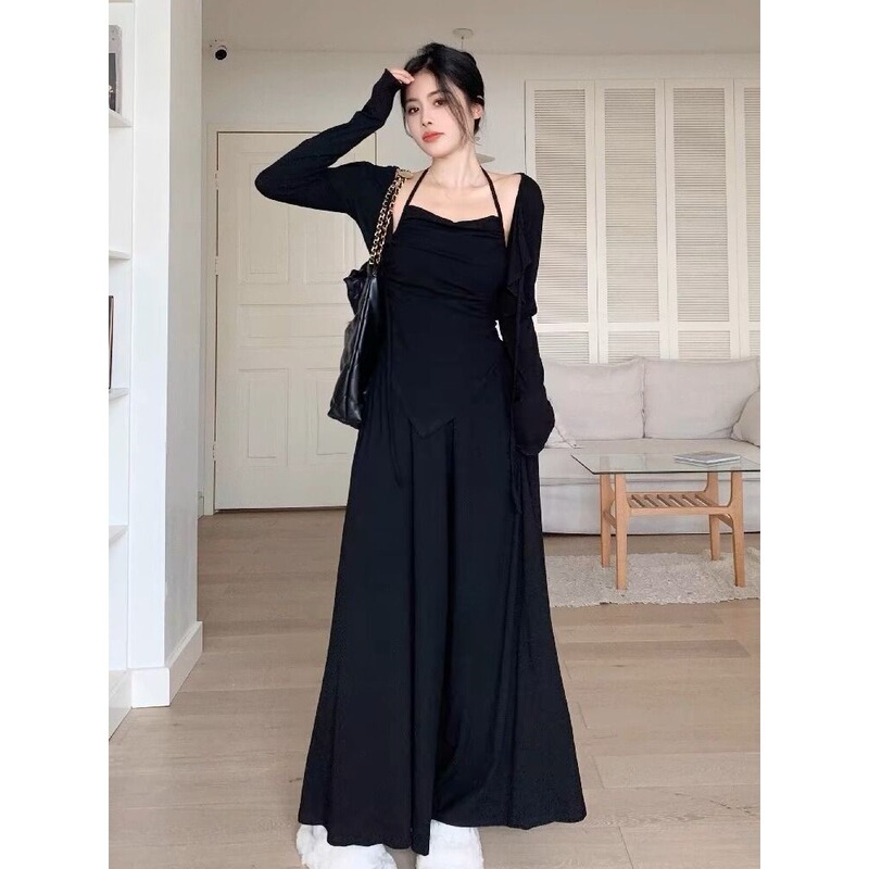 Casual Suit for Women 2025 Spring and Autum Knitted Suspender Cardigan Wide-Leg Pants Relaxed Wear with Fashionable Three-Piece Set