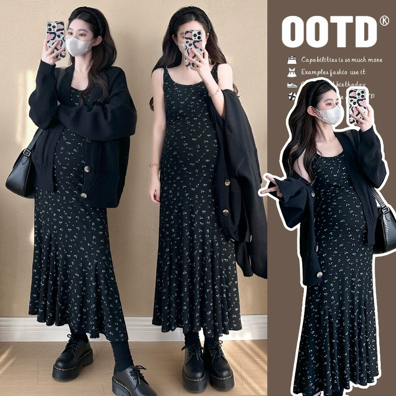 Спот выстрел 2024 осень и зима тонкая цветочная подтяжка трикотажное платье толстый свитер куртка из двух частей