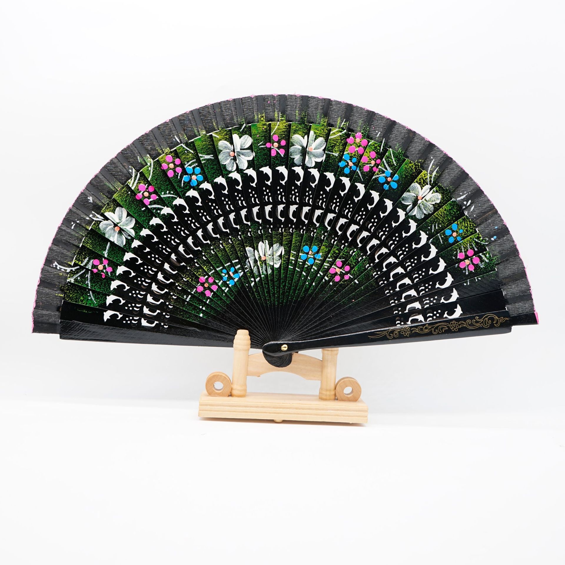 Fábrica directa España ventilador de madera pintado ventilador plegable pulverización ventilador de madera rojo negro blanco azul cielo