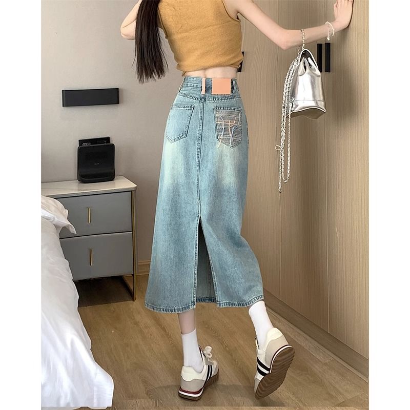 高腰开叉牛仔半身裙女2025新款春秋中长款遮胯a字小个子包臀裙子|undefined
