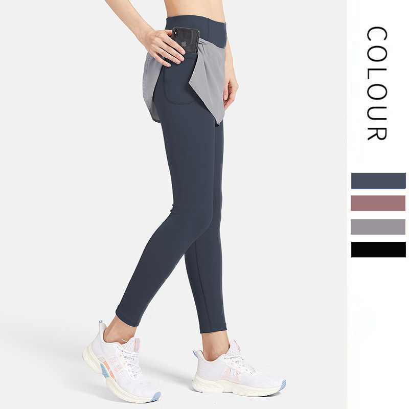 New Sports Yoga Pants Women's High Waist Hip Tight Outer Wear Fake Two-piece Quick-drying Breathable lulu Running Fitness Pants