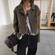 韩国东大门冬装法复古气质翻领双排扣纯色显瘦小个子毛呢短外套女