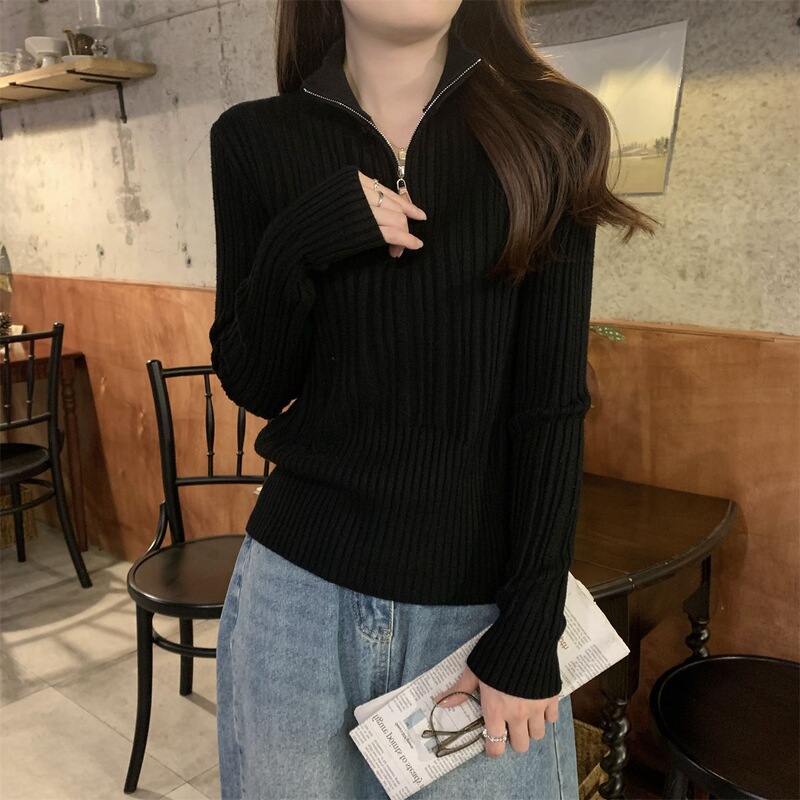 Autumn and winter retro casual temperament zipper high collar inside 2024 knitted sweater long sleeve design foreign style base coat