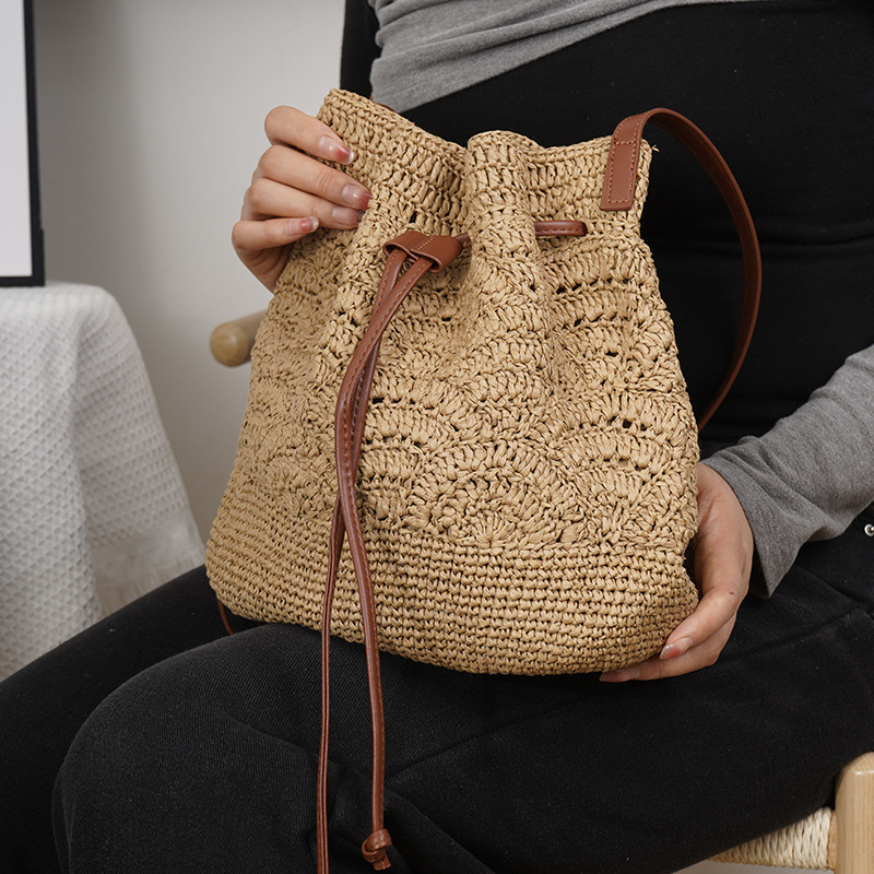 2026 New Arrival Women's Woven Shoulder Bag - Summer Beach Vacation Vintage Large Capacity Hollow Out Bucket Straw Bag - Thumbnail 3
