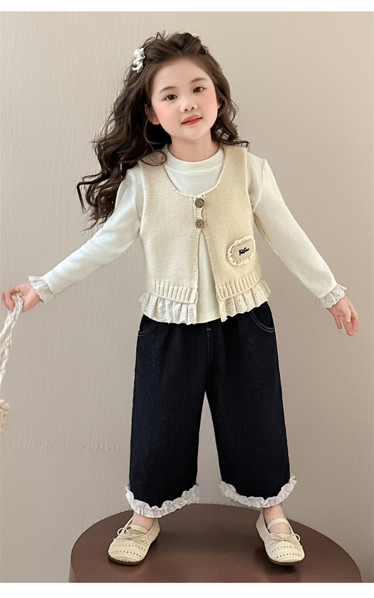 Dreiteiliges Strickwesten-Set für Mädchen, Herbst 2025, neue koreanische Kindermode, Strickweste und weite Hose_voghion.com