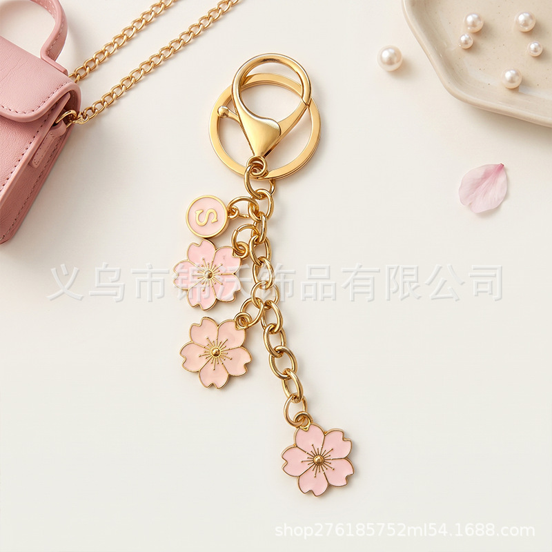 ins风彩色樱花珍珠挂坠金属U形扣钥匙扣书包甜美装饰小挂件批发