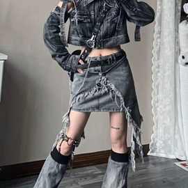 亚文化Y2K辣妹牛仔烟灰色不规则高腰半身裙设计感短裙绑带腿套女