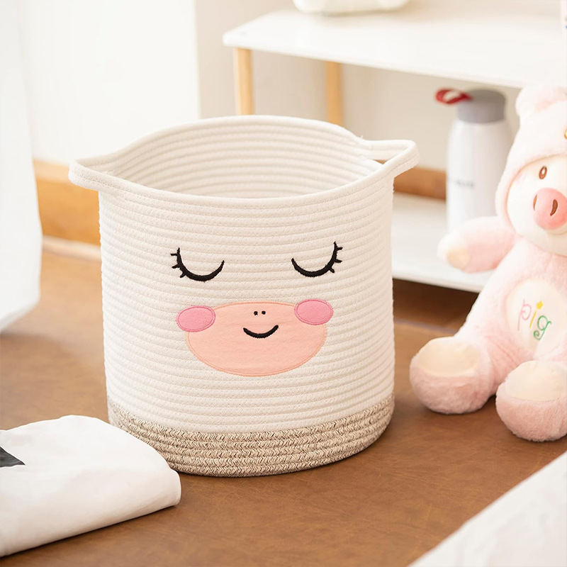 Cesta de almacenamiento de cuerda de algodón personalizada Cesta de almacenamiento de hilo de algodón lindo de dibujos animados Cesta de almacenamiento de acabado de ropa sucia de gran capacidad
