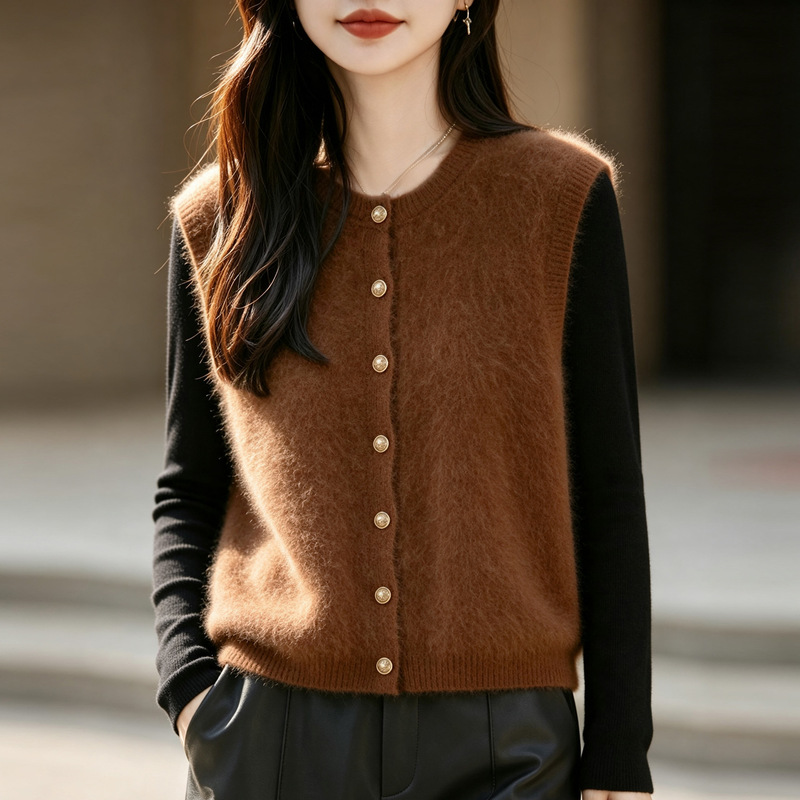 Brushed fleece round-neck sleeveless knitted cashmere vest, a stylish and versatile piece for work or casual wear, perfect for layering with wool tops