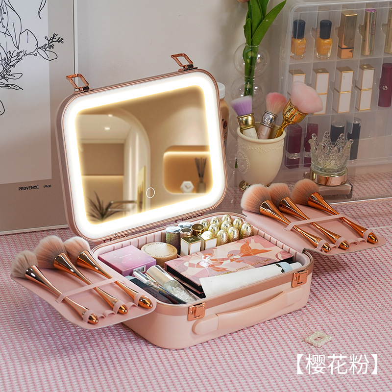 Estuche de maquillaje con luz con espejo luz LED profesional portátil de viaje de gran capacidad caja de almacenamiento de cosméticos artista de maquillaje