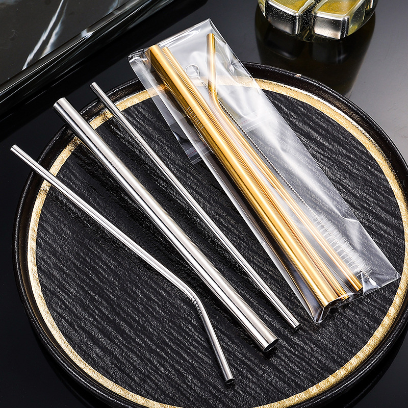 Cross-border Amazon 304 stainless steel straw beverage boba milk tea coffee colorful metal straw set