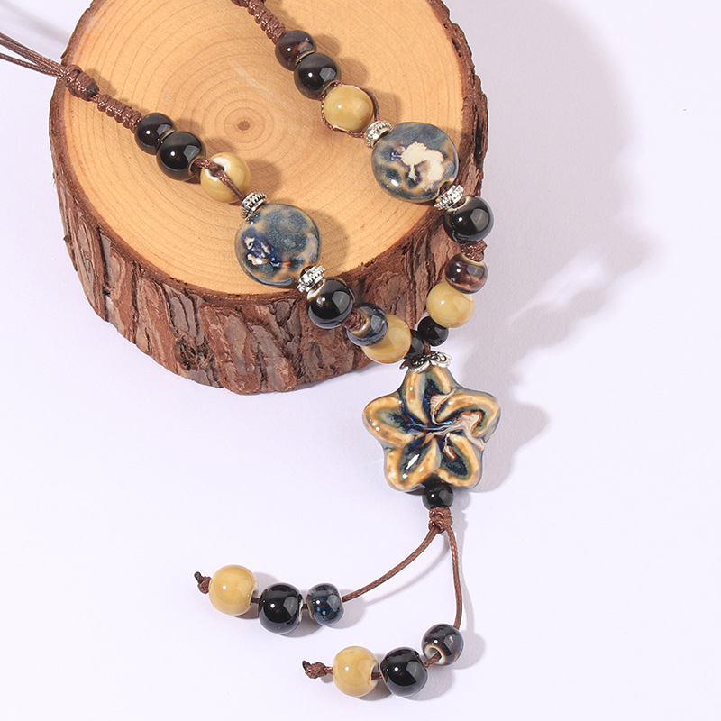Plaid, Flower Pattern Wholesale Jewelry Retro Plaid Flower Rope Ceramics Long Necklace