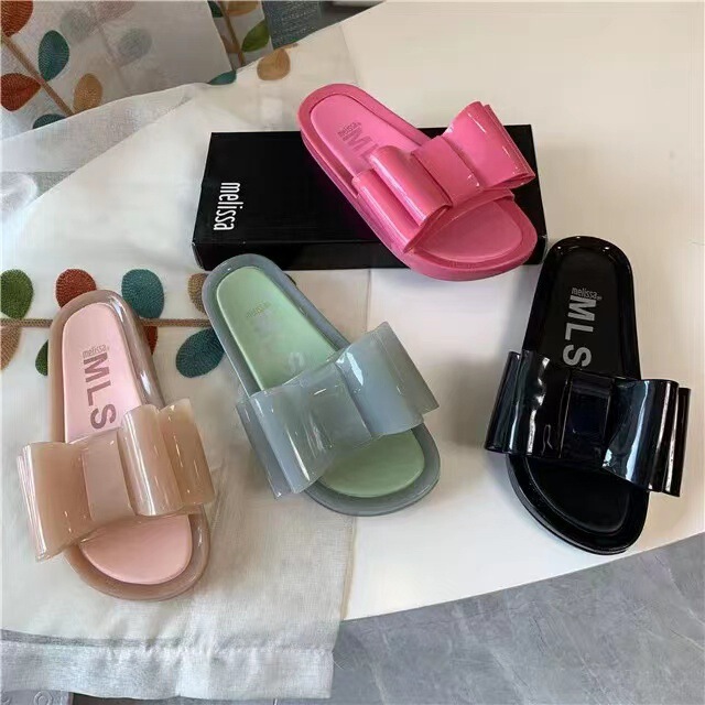 26 Summer New Melissa Style Women's Fragrant Jelly Shoes Solid Color Large Bow Flat Casual Slippers