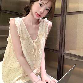 甜美小碎花蕾丝V领荷叶边背心短裤睡衣夏季新款少女透气家居服棉