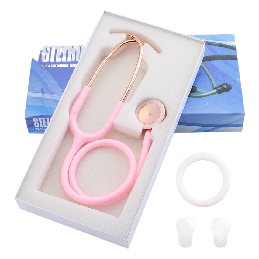 Estetoscopio de doble propósito de doble cabeza de doble cara estetoscopio de medición de la presión arterial estetoscopio con caja de color de acero inoxidable chapado en oro