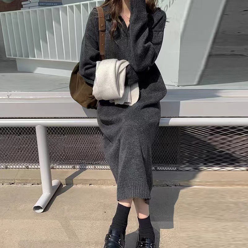 Polokragen Unterrock Herbst Winter, gepaart mit Mantel, lang knielang, fauler Stil, lockerer und dicker Pullover, gestrickt_voghion.com